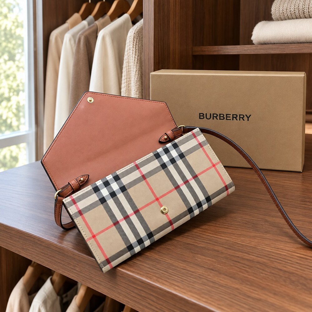 Burberry Vintage Check Envelope Wallet in Tan Leather - Picture 5 of 6